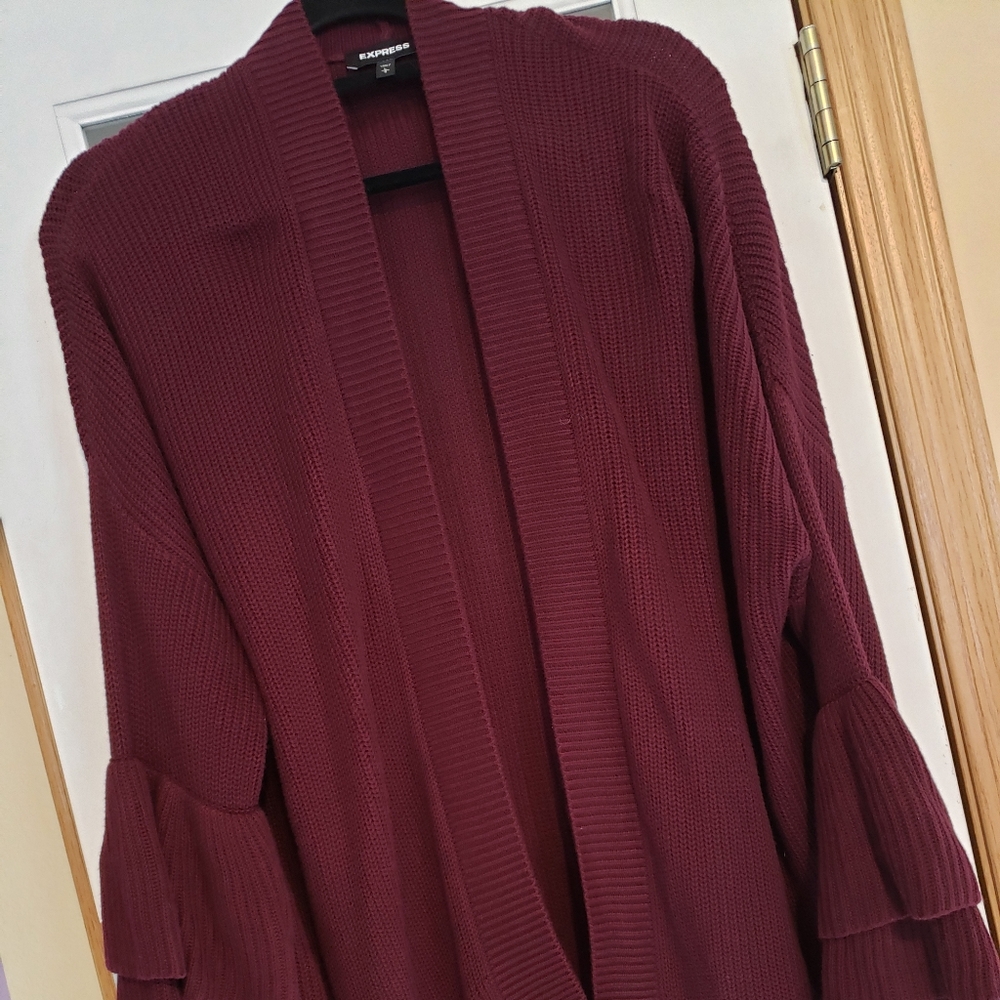 Burgundy Ruffle Sleeve Sweater Cardigan